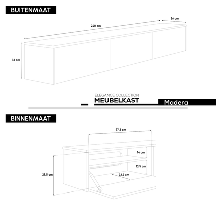 Madera TV-Meubel zwevend zwart 240 cm